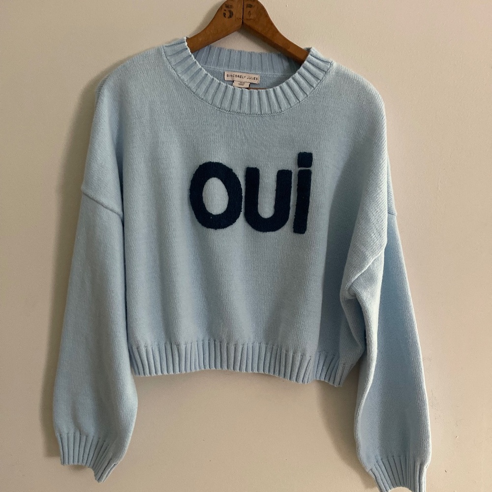 Sincerely Jules OUI Cropped Sweater Size M Baby Blue Pastel Coquette Spell Out